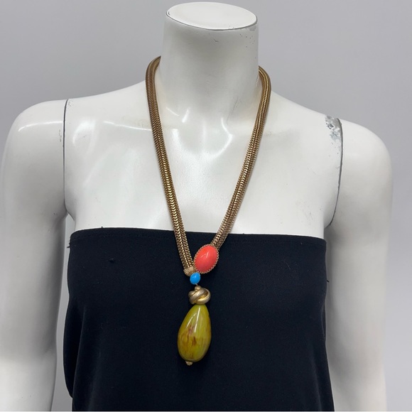Vintage Alice Caviness Necklace Gold Serpentine Chain Large Green Plastic Drop‎ - Picture 1 of 6
